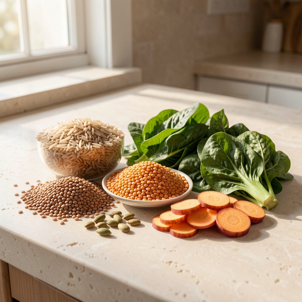 Spread of varied whole food ingredients on a pale stone kitchen surface — brown rice, lentils, leafy greens, and sliced root vegetables in morning light