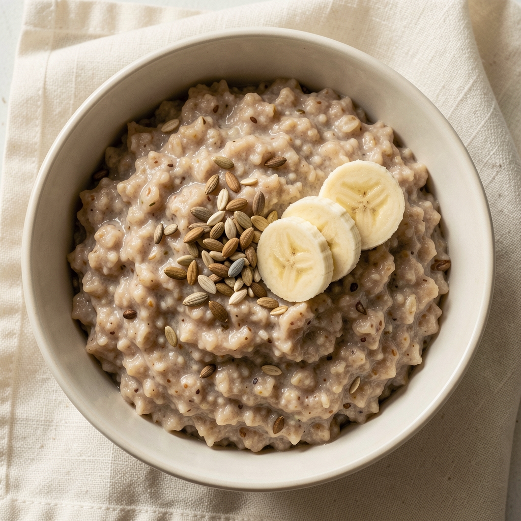 Close-up of a bowl of whole grain porridge with seeds and a sliced banana on a cream linen cloth, natural overhead light