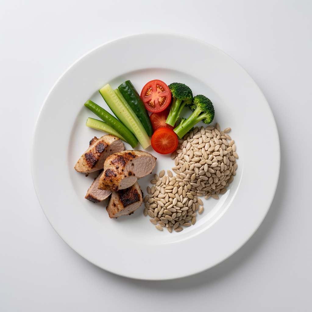 Flat lay of a balanced plate with portions of protein, vegetables, and whole grains arranged neatly on a white ceramic plate, clean studio lighting
