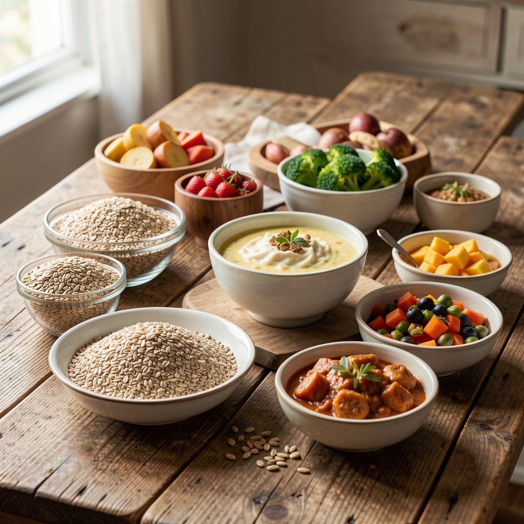 Wholesome food spread on a rustic wooden table with natural light — whole grains, vegetables, and portioned servings