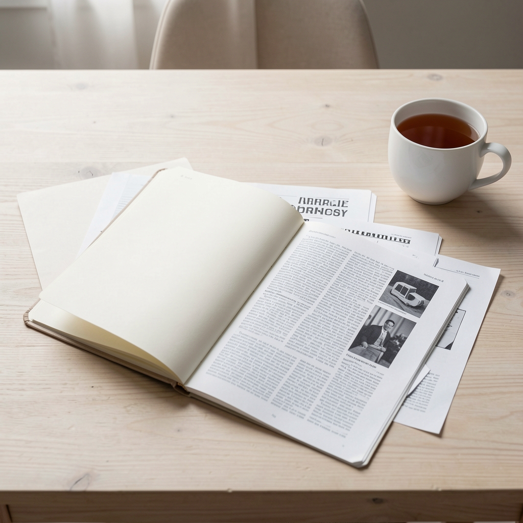 Tarlone Quarterly editorial workspace with open notebook, printed article proofs, and a cup of tea on a pale wooden surface